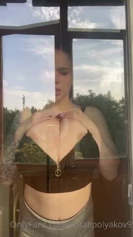 Pressing Big Tits on Glass