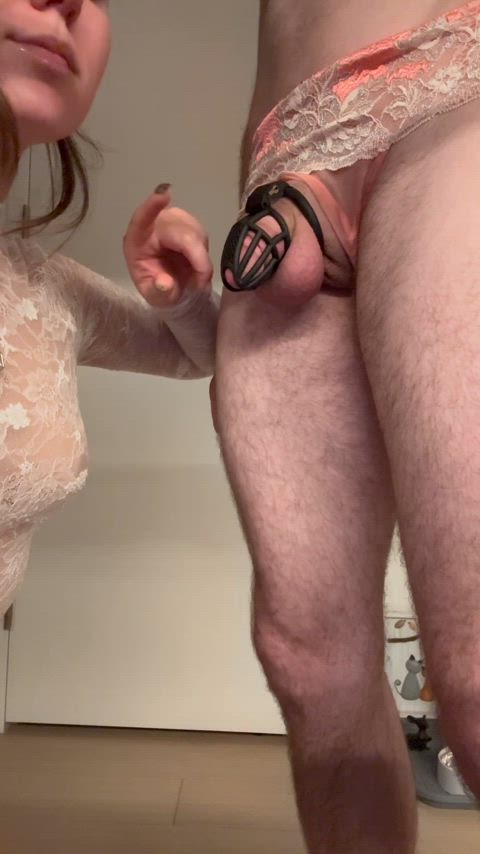 Do you think I can make him cum through his cage? 🤭