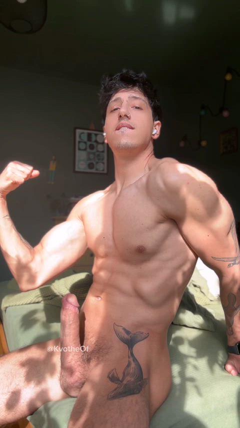 flexing with throbbing cock