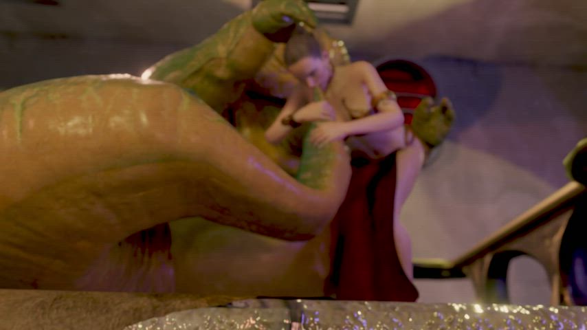Rey sucks on Jabba's tail as he spanks her, while Princess Leia dances for entertainment