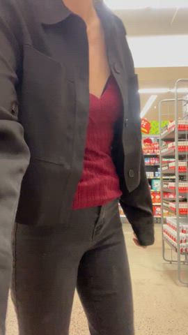 caught exhibitionism exhibitionist grocery store natural tits public small tits smile
