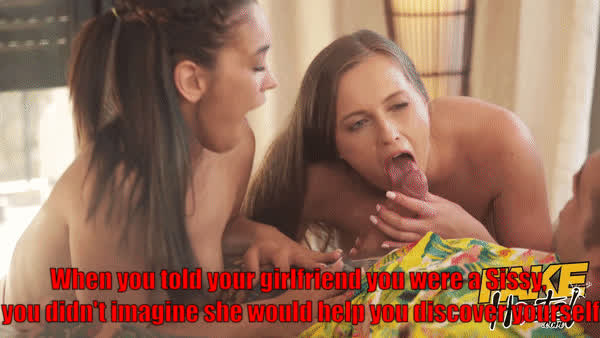 blowjob caption femdom girlfriend sissy threesome clip