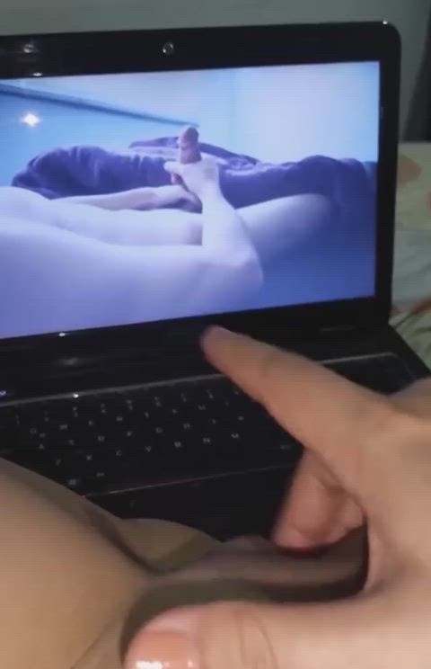 ...she rubbing clit until orgasm while watching jerking men