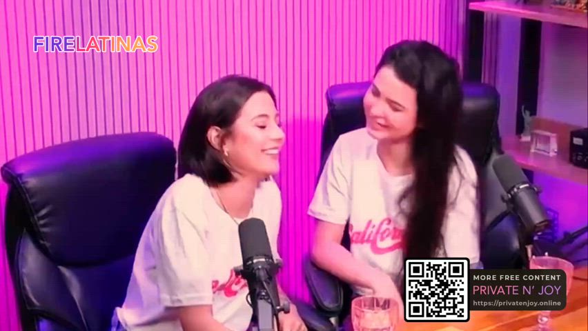 Cute girls kissing hot in a podcast interview