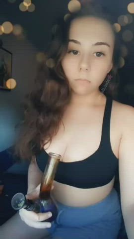 big tits bra brown eyes brunette clothed cute goddess long hair smoking clip