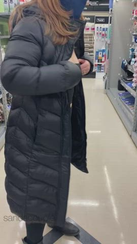 Wife shopping in public with her big tits out (caught at the end)
