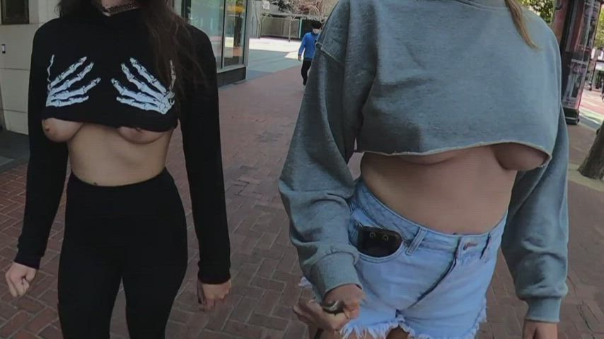 Showing off around town in our tiny crop tops [GIF]