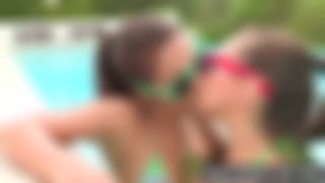 Lesbian kissing pussylicking at the pool