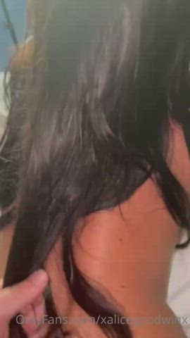 british brunette cum on tits cumshot doggystyle fake tits goddess hair pulling model