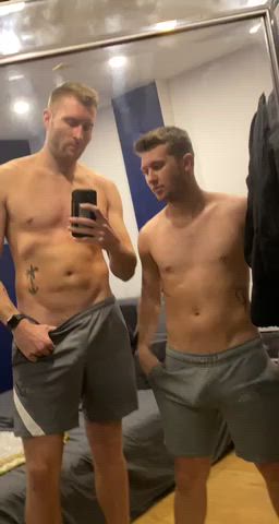 Comparing sizes in the mirror 😉😈😈checkout our Onlyfans to see what we got