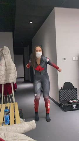 Canadian speed Skater Courtney Sarault showcasing the new speed skating uniform