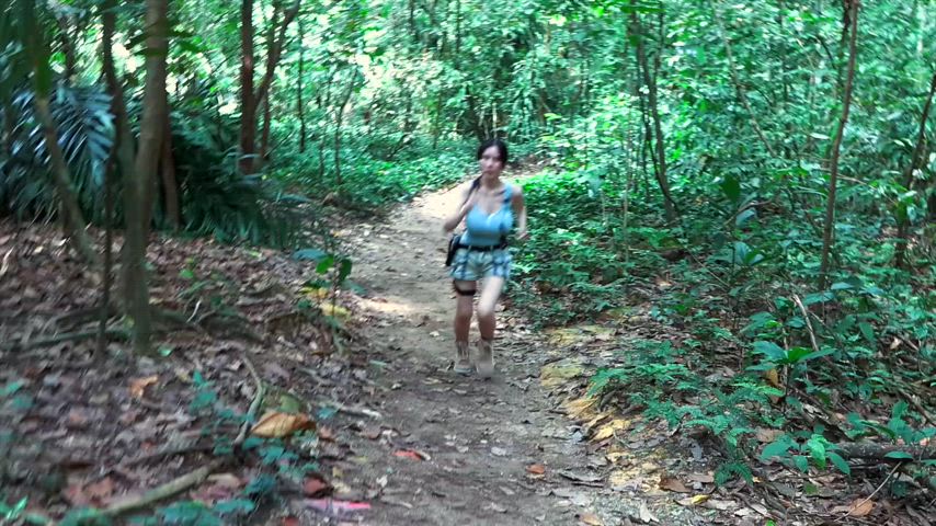 busty hiking jiggling natural natural tits shorts tank top clip