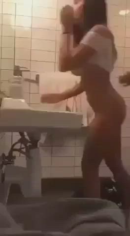 amateur bathroom big tits couple sex standing doggy tall clip