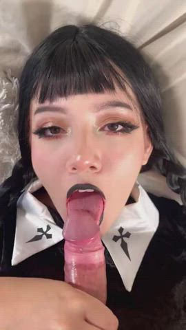 blowjob brunette cock worship cosplay cumshot face fuck facial goth clip