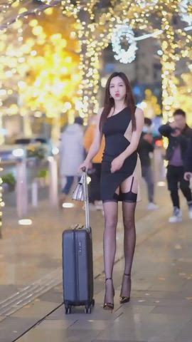asian cleavage compilation cute dress high heels legs pretty stockings clip