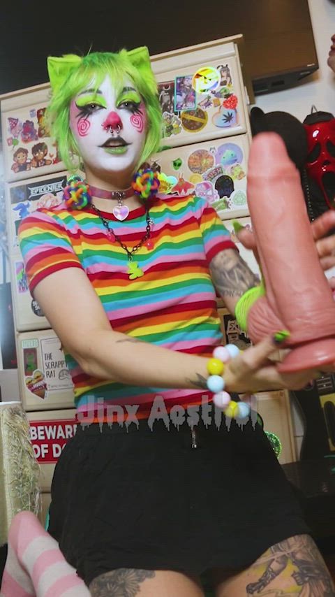 Cumslut kitten clown rides giant dildo!