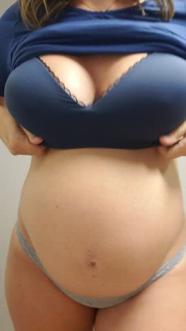 (drop) these pregnant tits out in the bathroom at work. forgot to lock the door,
