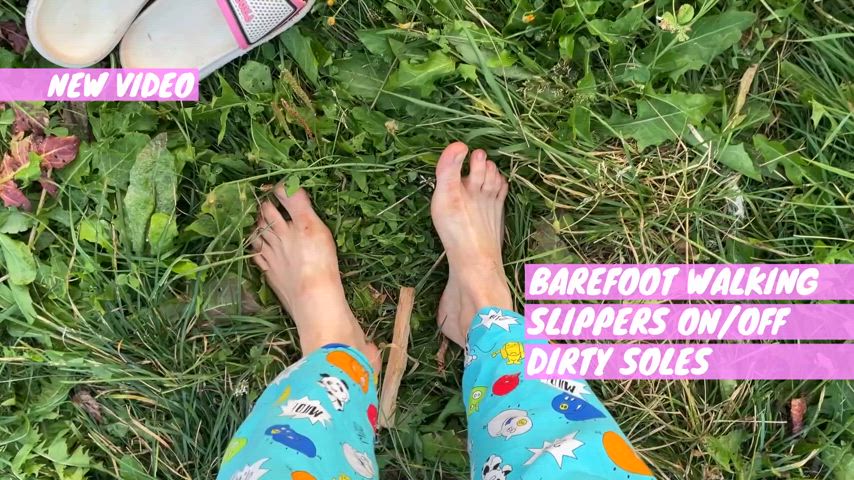 Barefoot walking. Dirty soles outdoor