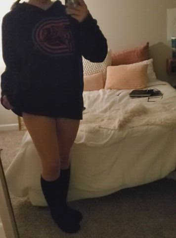 Sweatshirt and knee high socks is the greatest outfit combo ever, especially braless