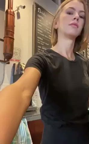 Coffee shop waitress flashes her tits
