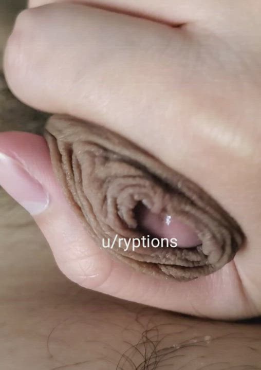 Stroking my uncut and wet cock head