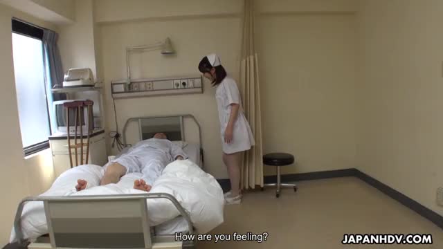 Pretty Nurse Reina Wamatsu jerks off her patient for a face full of cum
