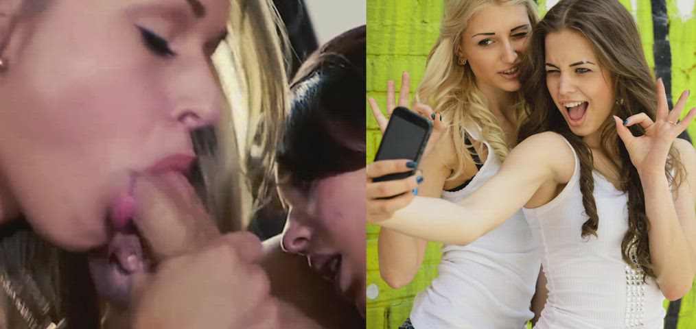 blonde blowjob brunette cum in mouth fantasy selfie smile split screen porn tongue