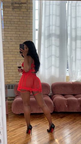 Curves in red lingerie and red bottoms and of course some wine