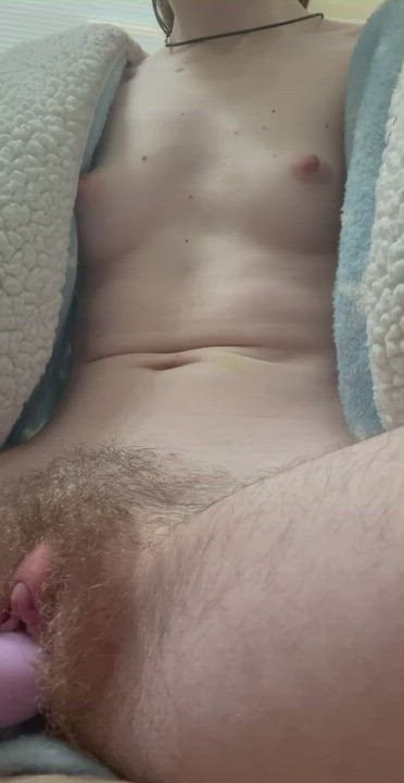 Hairy pussy with big clit takes dildo…it probably needs a cock forced inside too