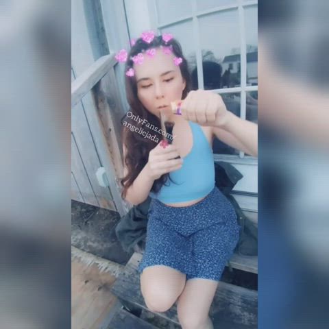 clothed cute groping kawaii girl outdoor pale smoking tease teasing clip