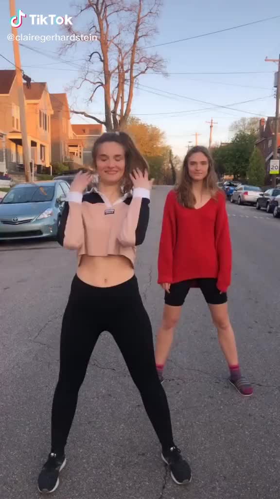Claire & Faith Gerhardstein - Tik Tok video, April 2020, dancing in street