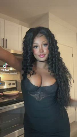 big tits boobs choker cleavage curly hair dress ebony tiktok tits clip