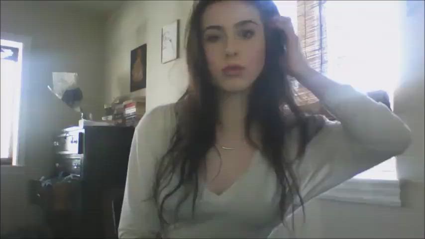 brunette camgirl clothed cute flashing nipple piercing pretty teen webcam clip