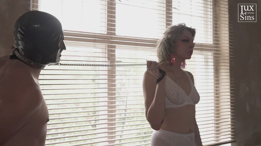 Cucked husband is led on his leash to his next humiliating task for his FemDom bride