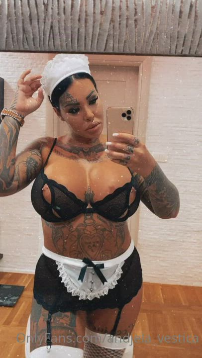 Big Tits Brunette Maid Nipple Piercing Solo Tattoo clip