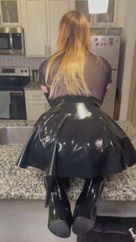 Pulling my latex panties to the side for him