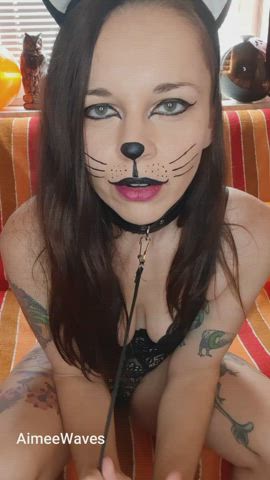 alt brunette costume halloween kitty leash lingerie milf tattoo clip