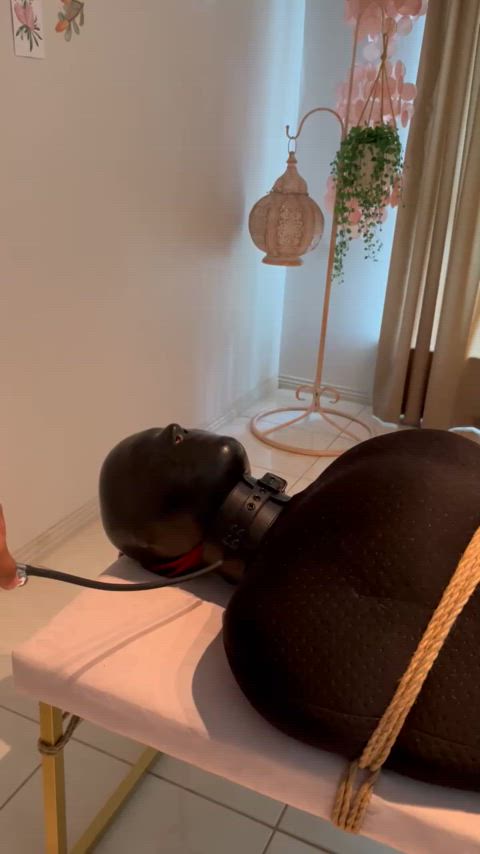 This is what happens when you meet strangers on the internet. Latex hooded, bondage