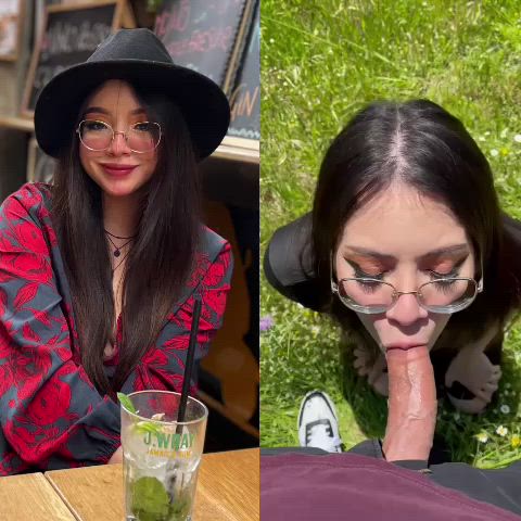 Picture during a date in restaurant and bj video in park after collage