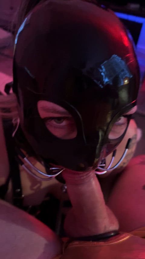 Ring gagged cock warming in latex hood [F]