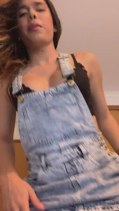 April_Rose shows her cock in a cute denim dress