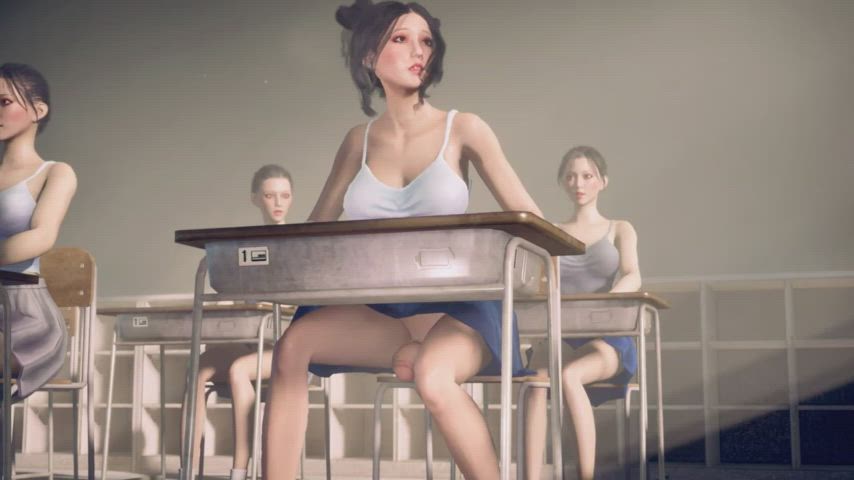 Futanari Asian Girl Masturbating in Classroom in Public