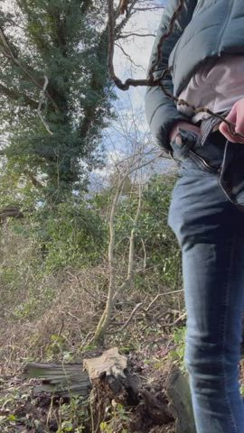 Risky public piss on a fallen tree in the park, couldn’t hold it back