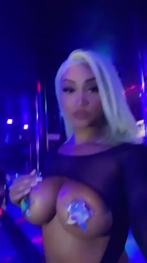 big tits bodysuit ebony fishnet pasties slut stripper transparent-clothing clip