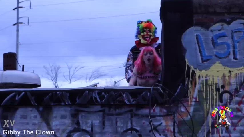 clown clown girl doggystyle outdoor public rough standing doggy r/weird_porn clip