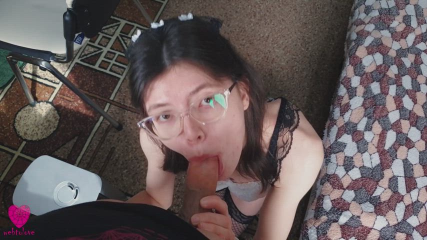 balls sucking brunette eye contact glasses maid nerd oral pov sucking clip