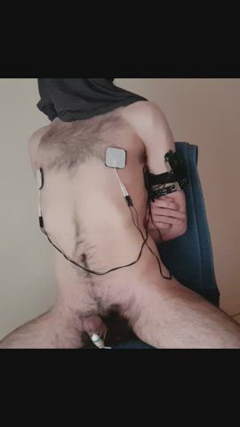 Chair selfbondage, teased with vibrator and nipple estim