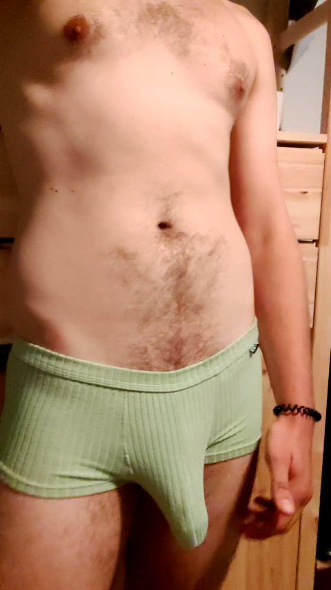 Boing! A semi in some stretchy pouched trunks I bought off AliExpress.